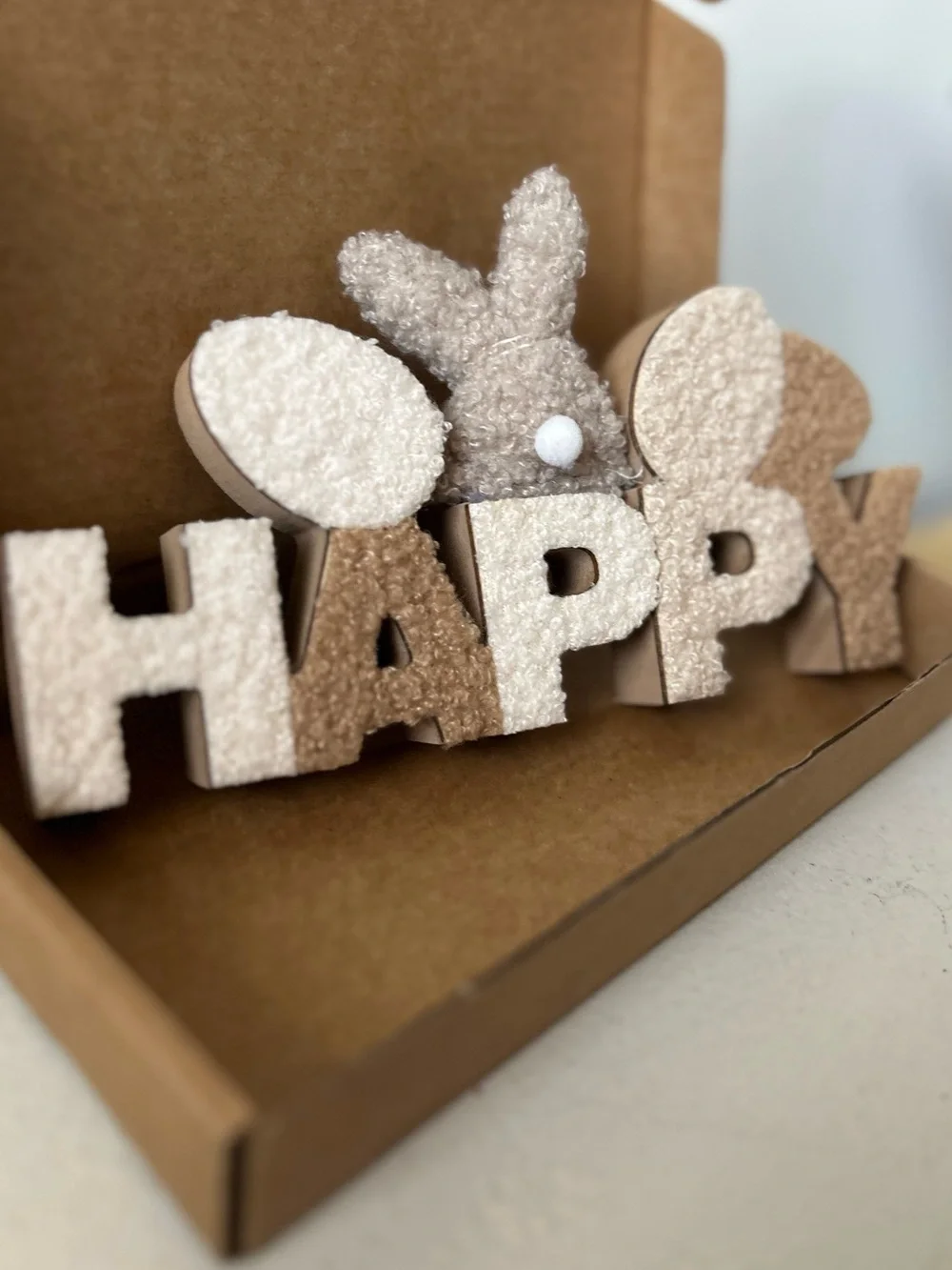 Happy Bunny Text Decor in Cream and Tan - Home Party Supplies new in box